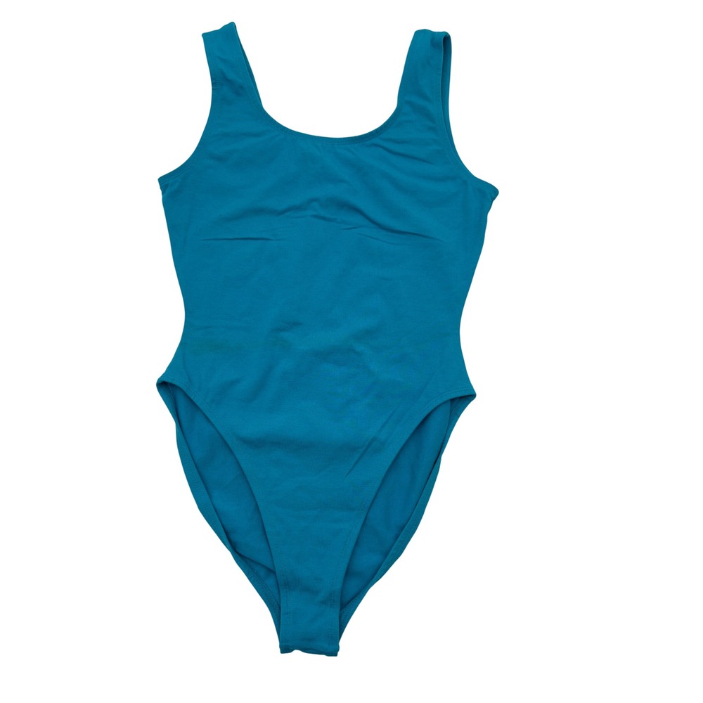 Vintage LA Workout Bodysuit Turquoise Blue leotard High Cut dance 80s Large NWT